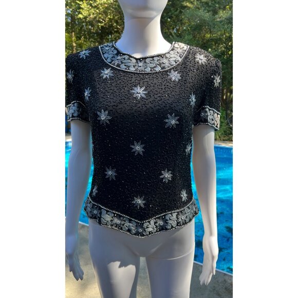 Vintage Black Beaded & Silver Floral Embroidered Short-Sleeve Top With Intricate - Picture 7 of 12